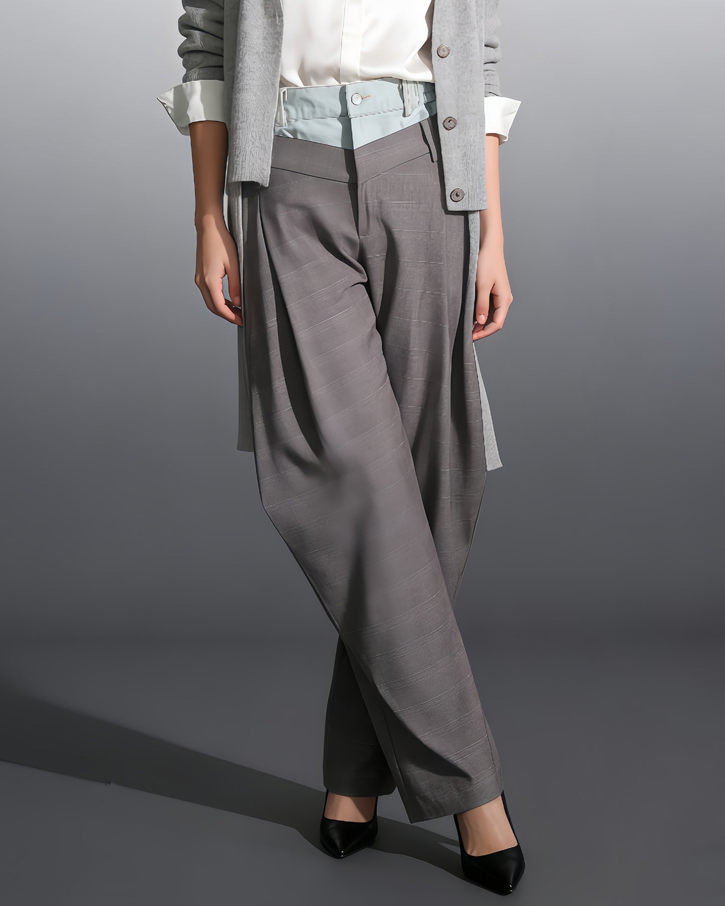 Grey Pinstripe High-Waisted Pants Denim Waist