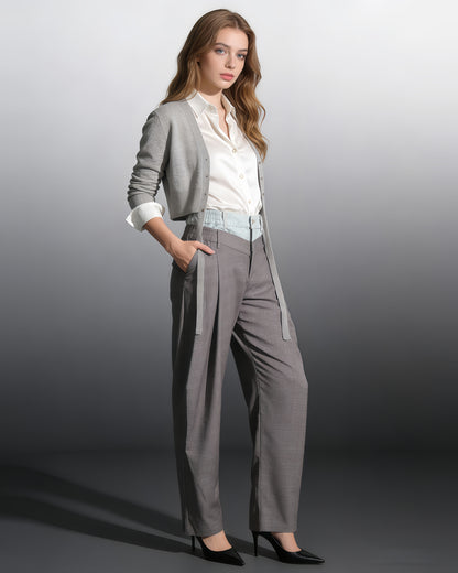 Grey Pinstripe High-Waisted Pants Denim Waist