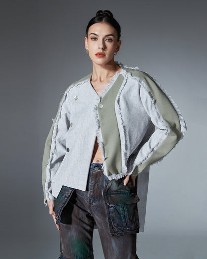 Grey Raw-Edge Patchwork Jacket