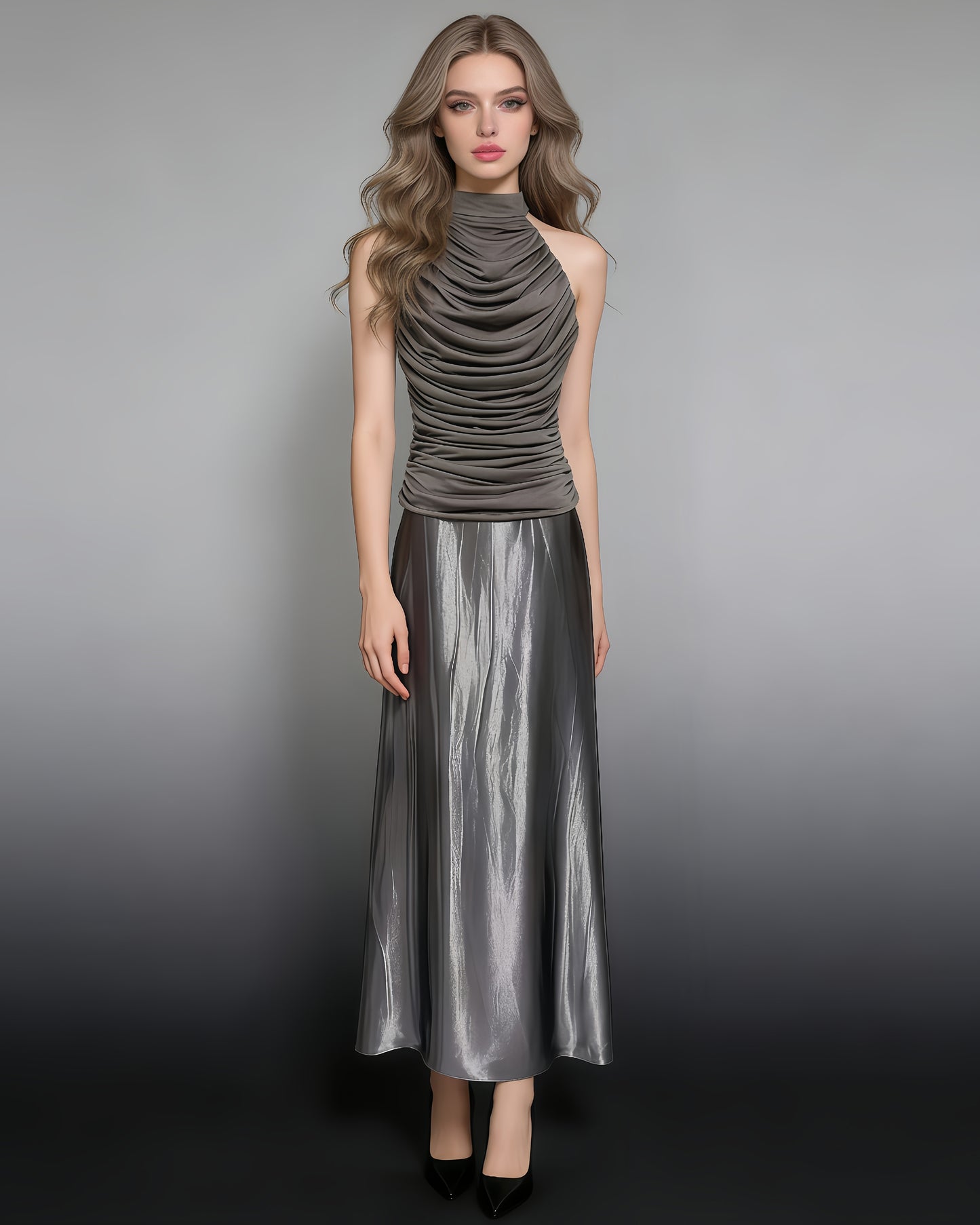Grey Silver Halter Ruched Shiny Maxi Dress