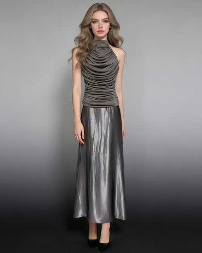 Grey Silver Halter Ruched Shiny Maxi Dress