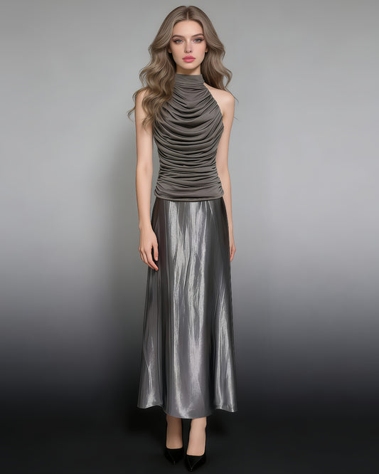 Grey Silver Halter Ruched Shiny Maxi Dress