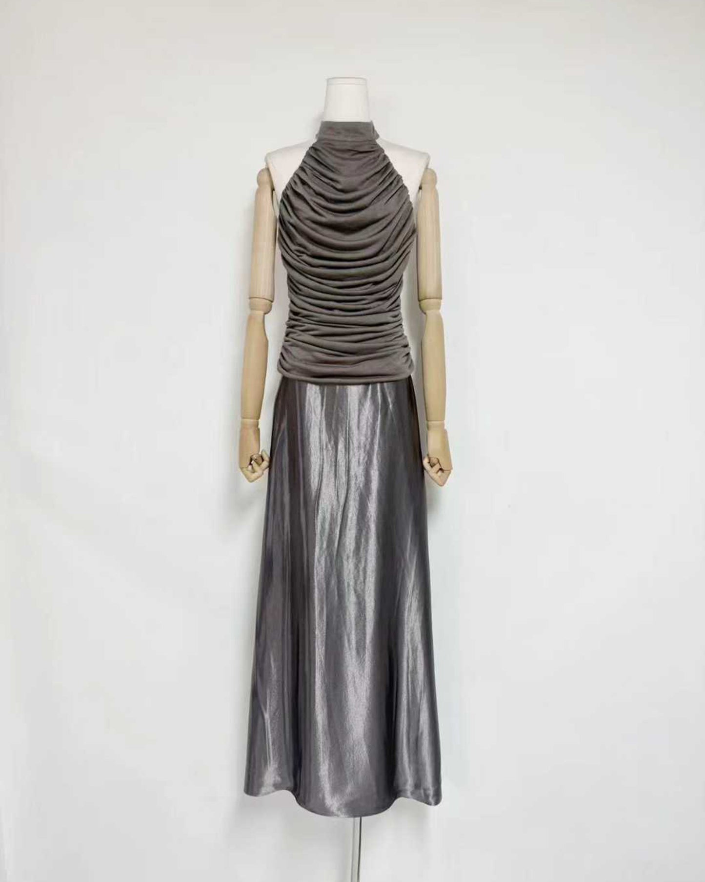 Grey Silver Halter Ruched Shiny Maxi Dress