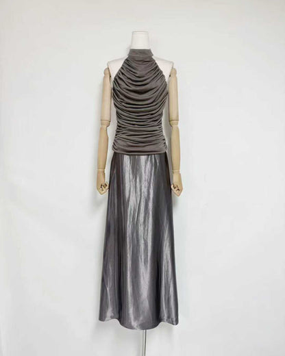 Grey Silver Halter Ruched Shiny Maxi Dress