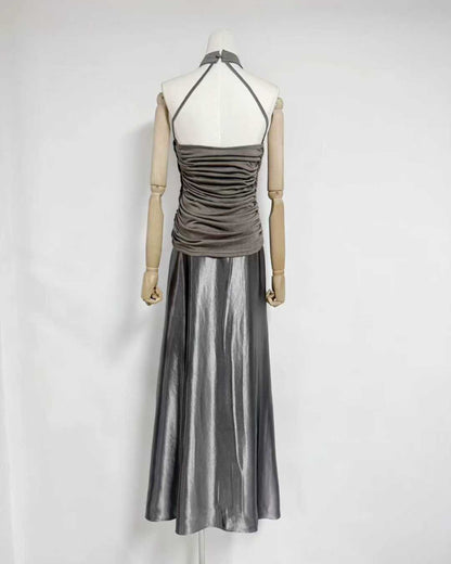 Grey Silver Halter Ruched Shiny Maxi Dress