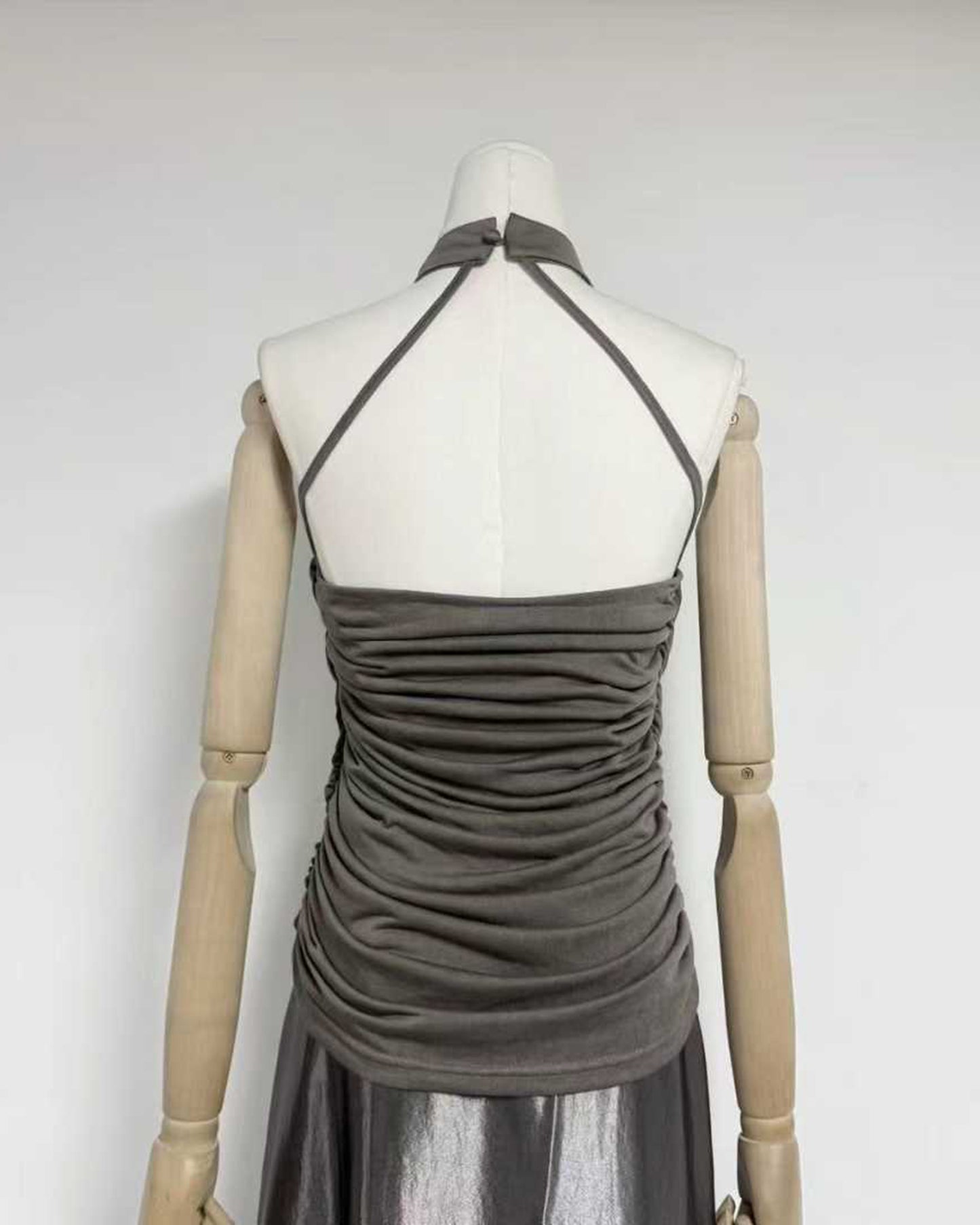 Grey Silver Halter Ruched Shiny Maxi Dress