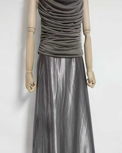Grey Silver Halter Ruched Shiny Maxi Dress