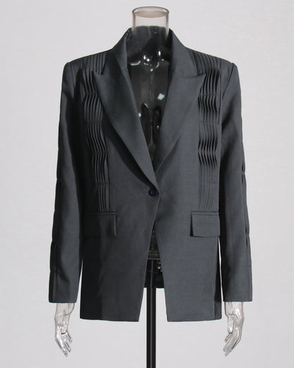 Grey Vertical Pleated V-neck Blazer