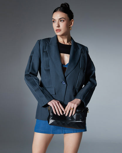 Grey Vertical Pleated V-neck Blazer