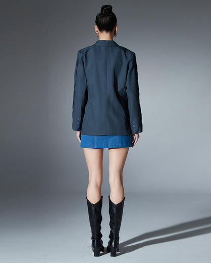 Grey Vertical Pleated V-neck Blazer