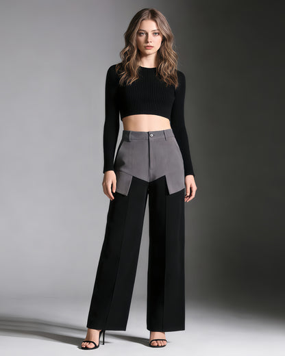Grey & Black Paneled Wide-Leg Trousers