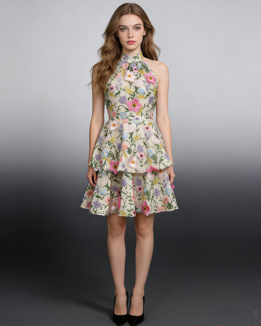 Halter 3D Floral Embroidered Tiered Mini Dress