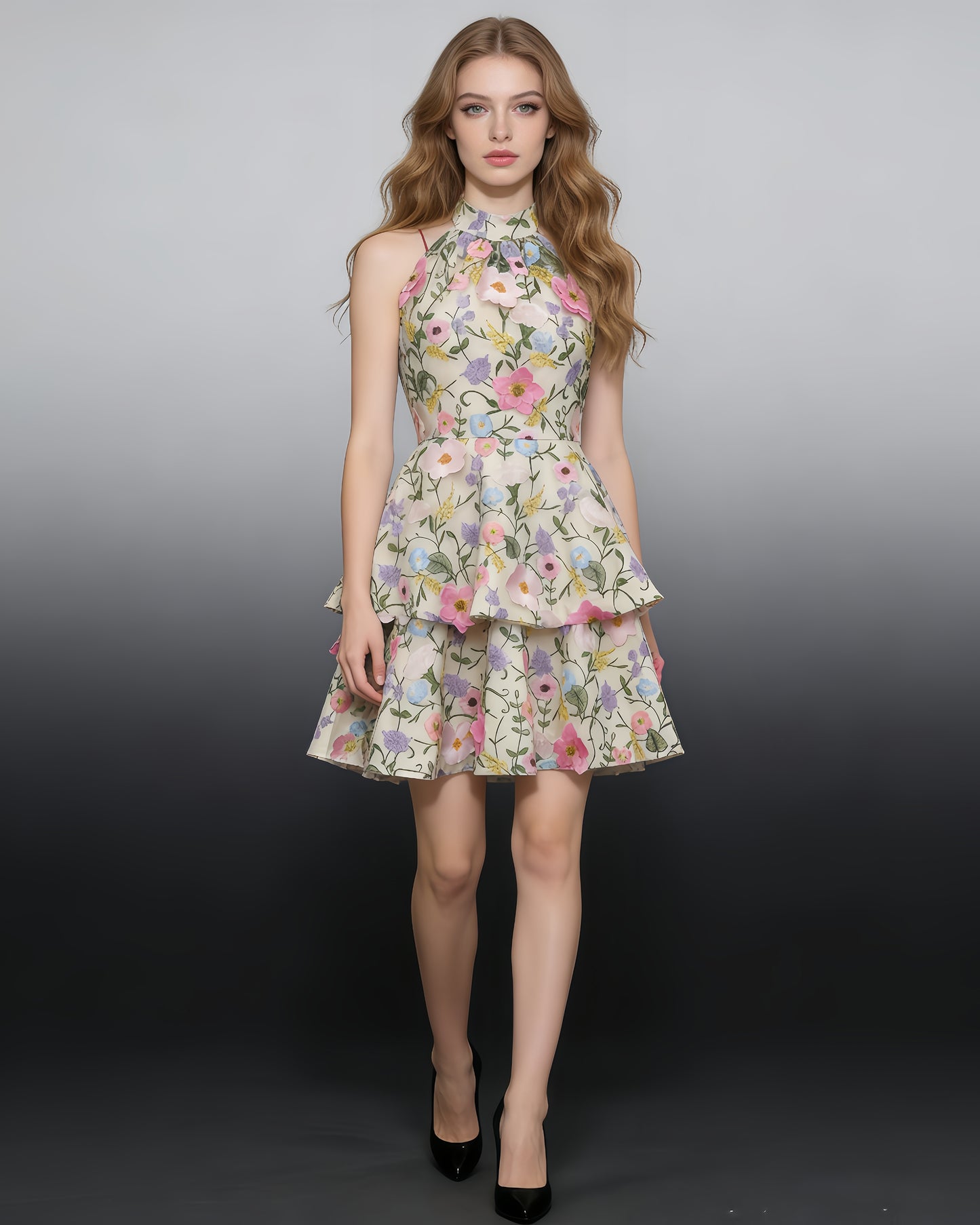 Halter 3D Floral Embroidered Tiered Mini Dress