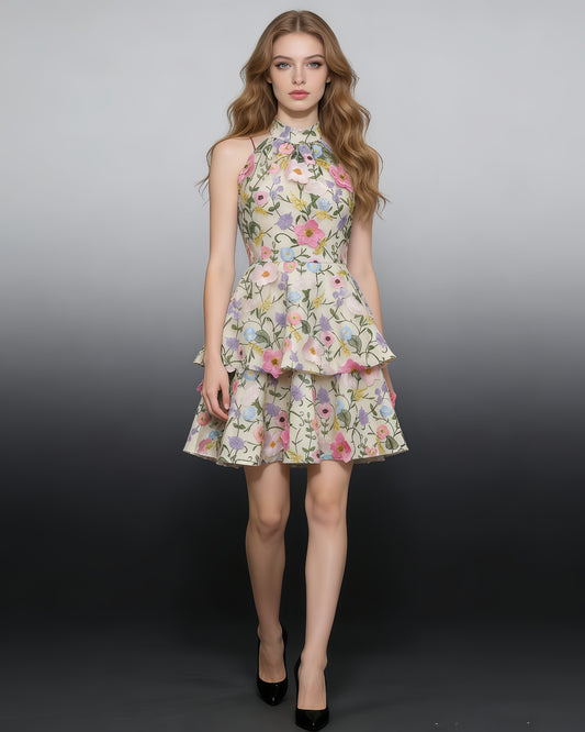 Halter 3D Floral Embroidered Tiered Mini Dress
