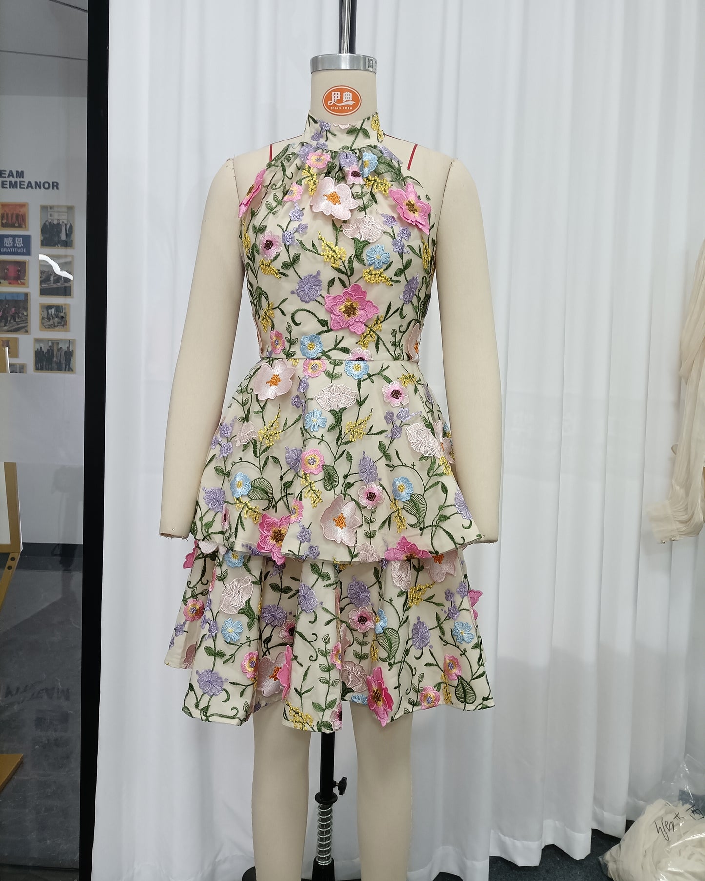 Halter 3D Floral Embroidered Tiered Mini Dress