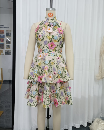 Halter 3D Floral Embroidered Tiered Mini Dress