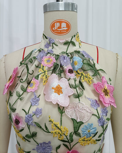 Halter 3D Floral Embroidered Tiered Mini Dress