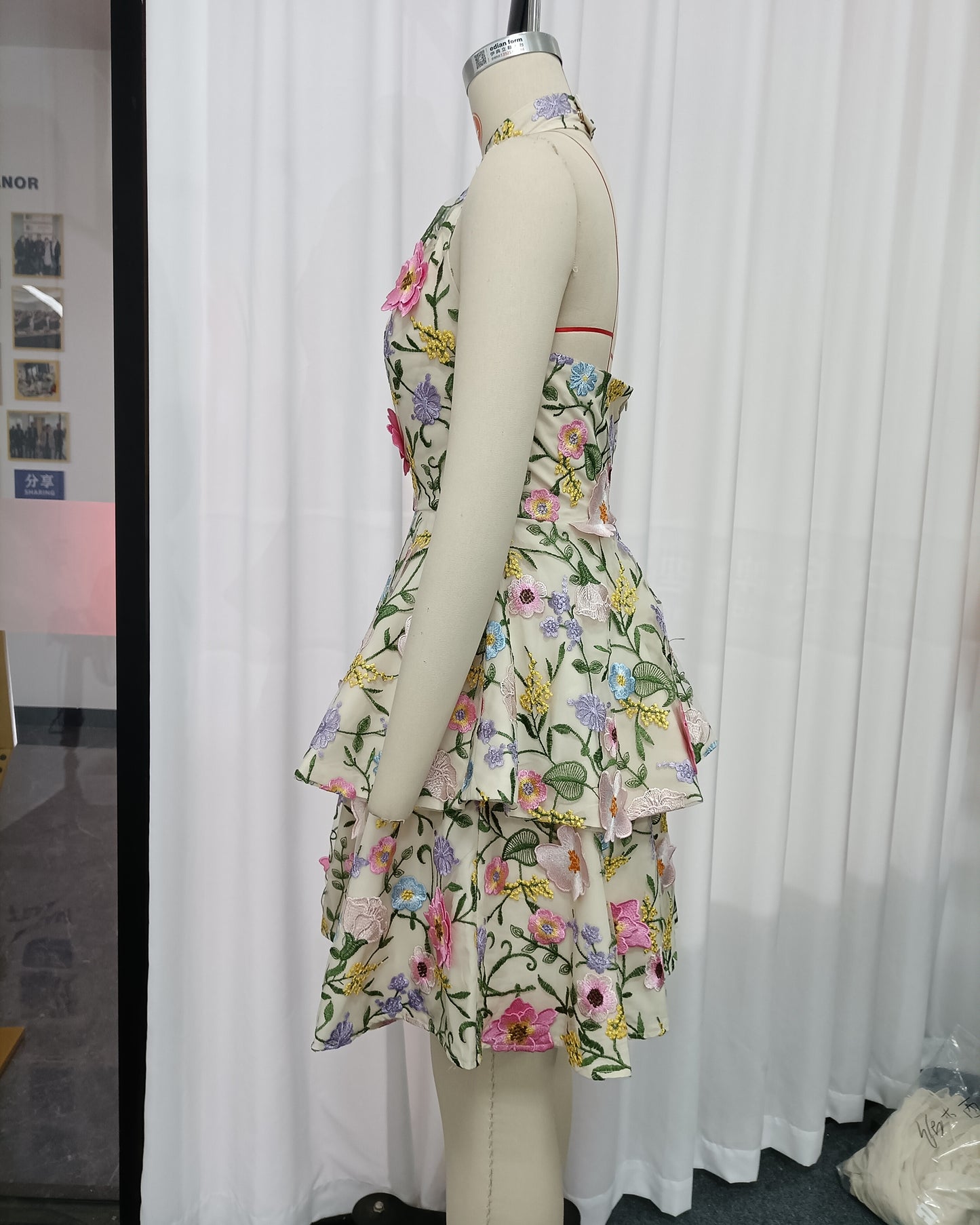 Halter 3D Floral Embroidered Tiered Mini Dress