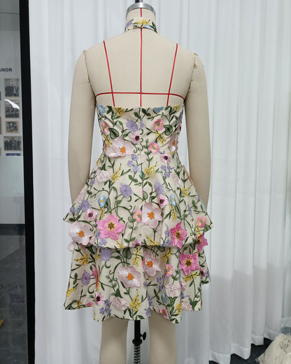 Halter 3D Floral Embroidered Tiered Mini Dress