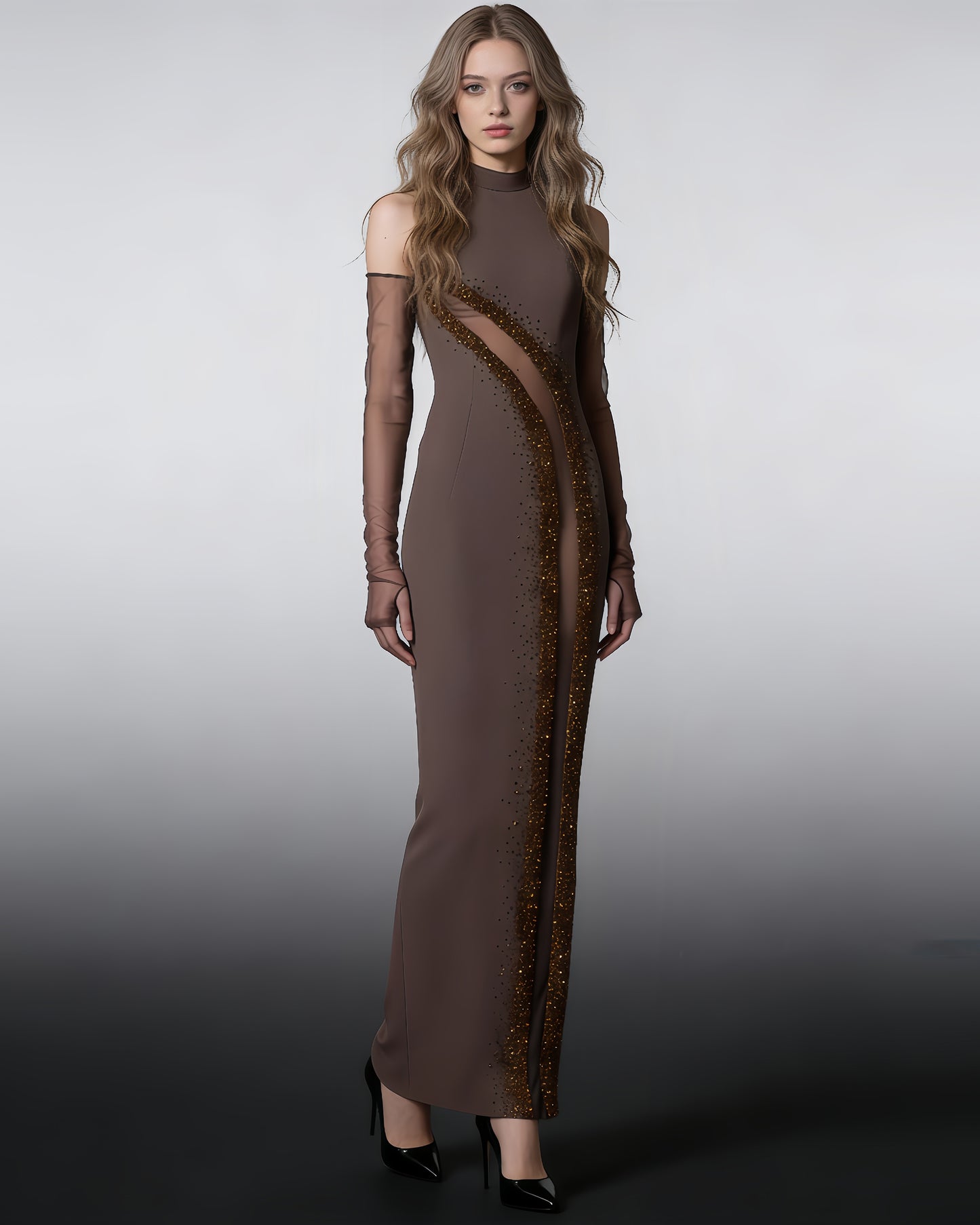 Halter Sequin Gown with Sheer Sleeves