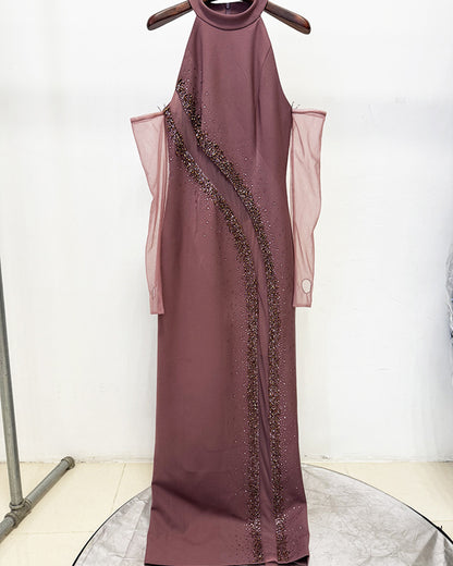 Halter Sequin Gown with Sheer Sleeves