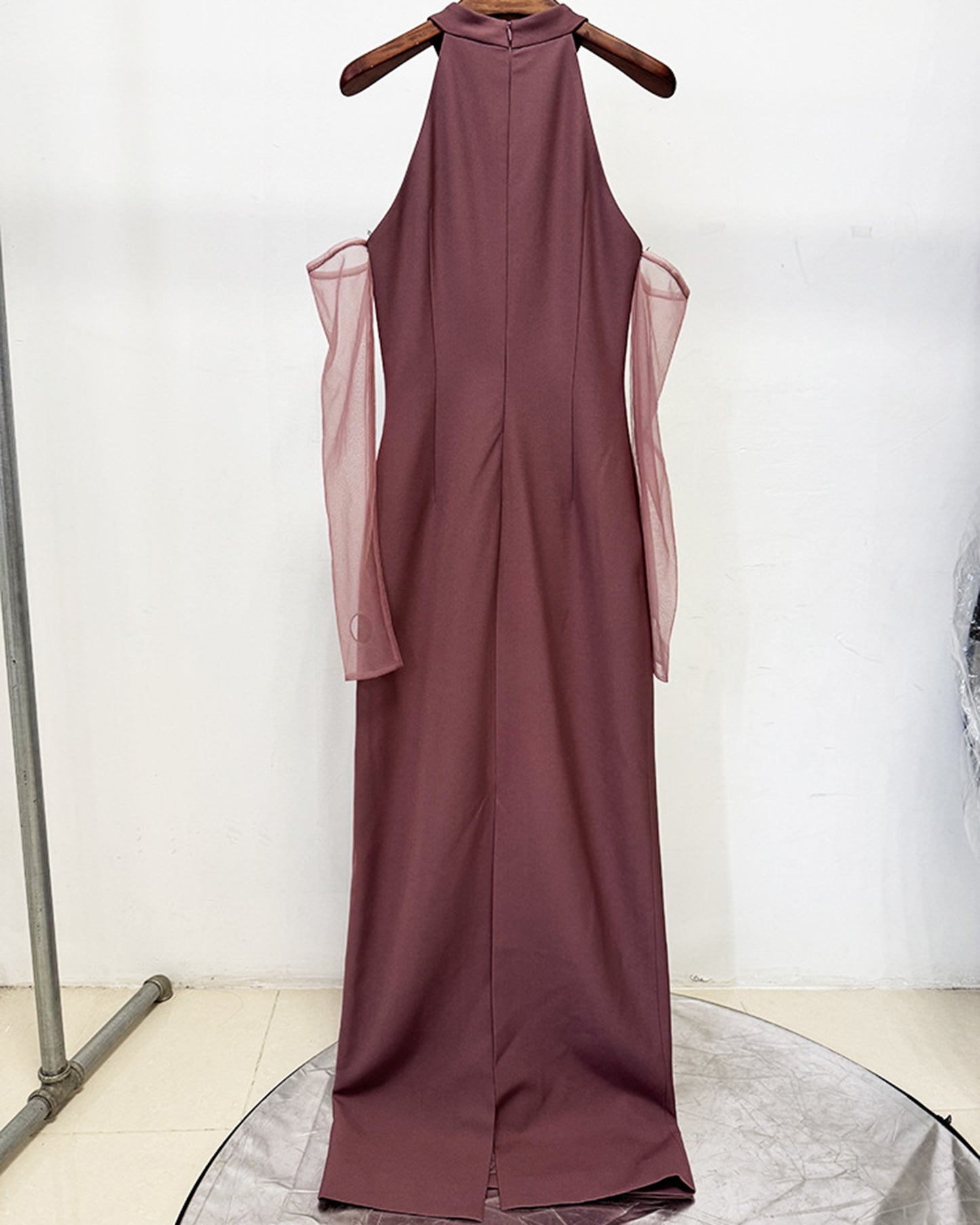 Halter Sequin Gown with Sheer Sleeves