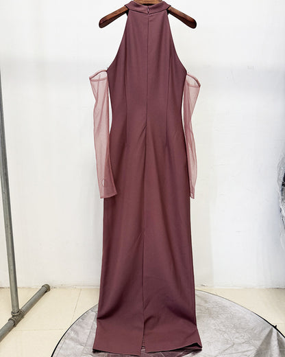 Halter Sequin Gown with Sheer Sleeves