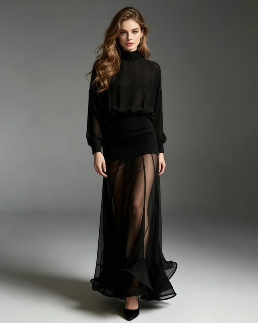 High-Neck Batwing Blouse & Midi Skirt Black Set