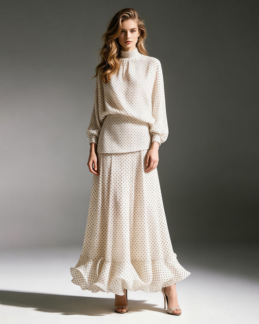High-Neck Batwing Blouse & Midi Skirt Polka Dot Set