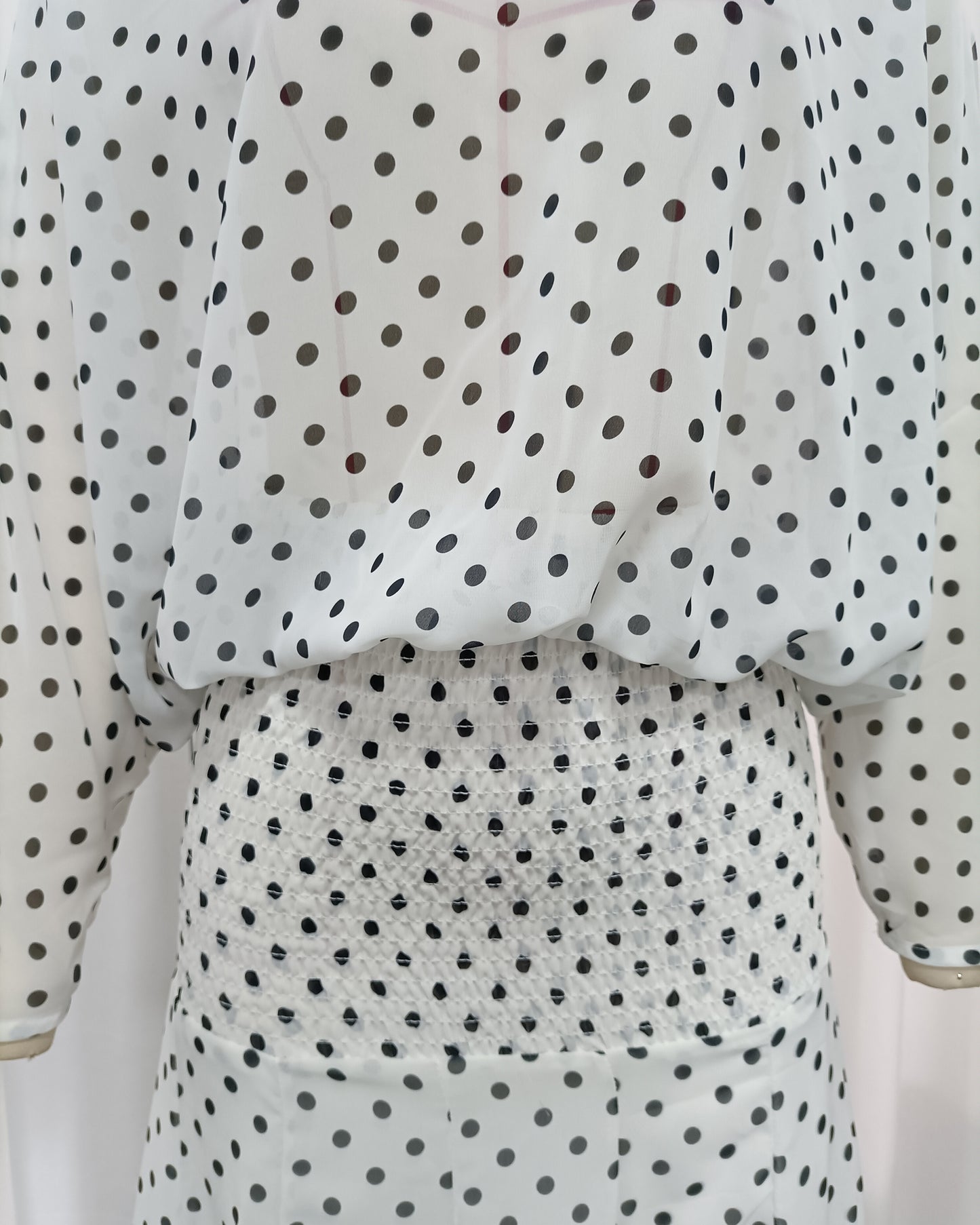High-Neck Batwing Blouse & Midi Skirt Polka Dot Set