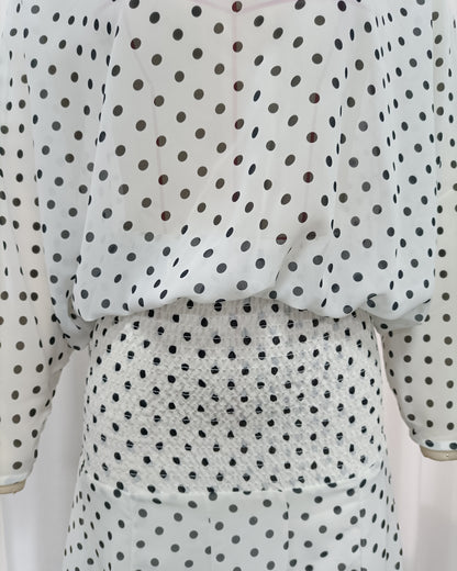 High-Neck Batwing Blouse & Midi Skirt Polka Dot Set
