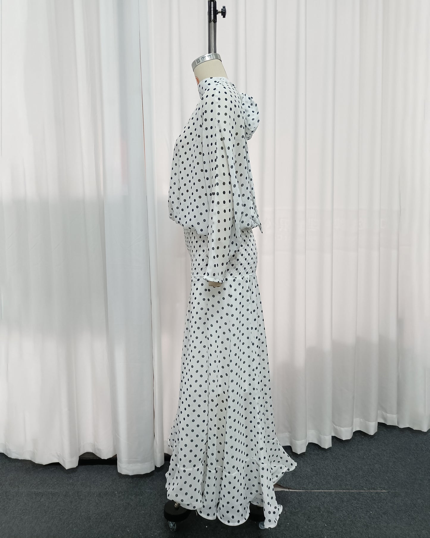 High-Neck Batwing Blouse & Midi Skirt Polka Dot Set