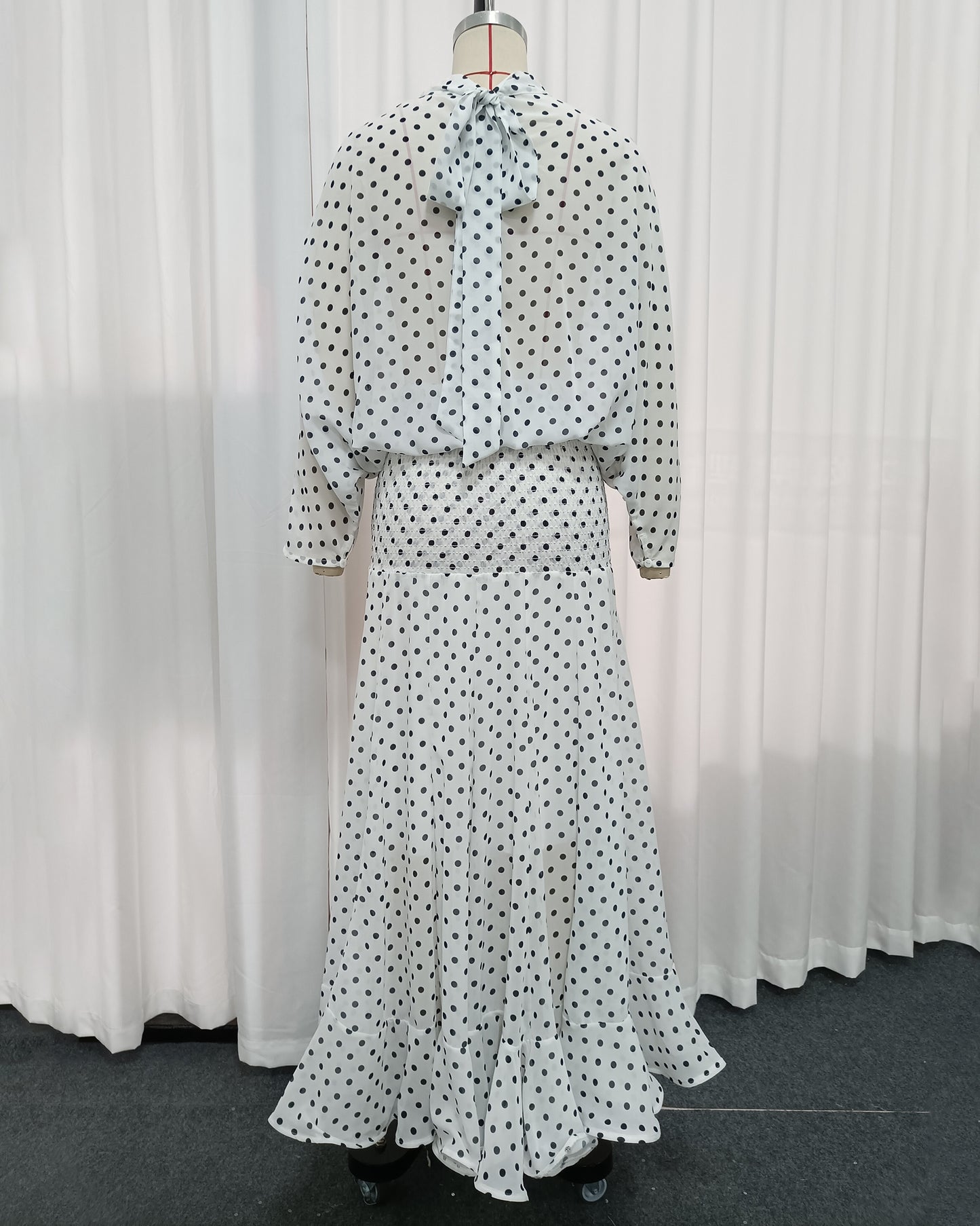 High-Neck Batwing Blouse & Midi Skirt Polka Dot Set