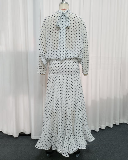 High-Neck Batwing Blouse & Midi Skirt Polka Dot Set