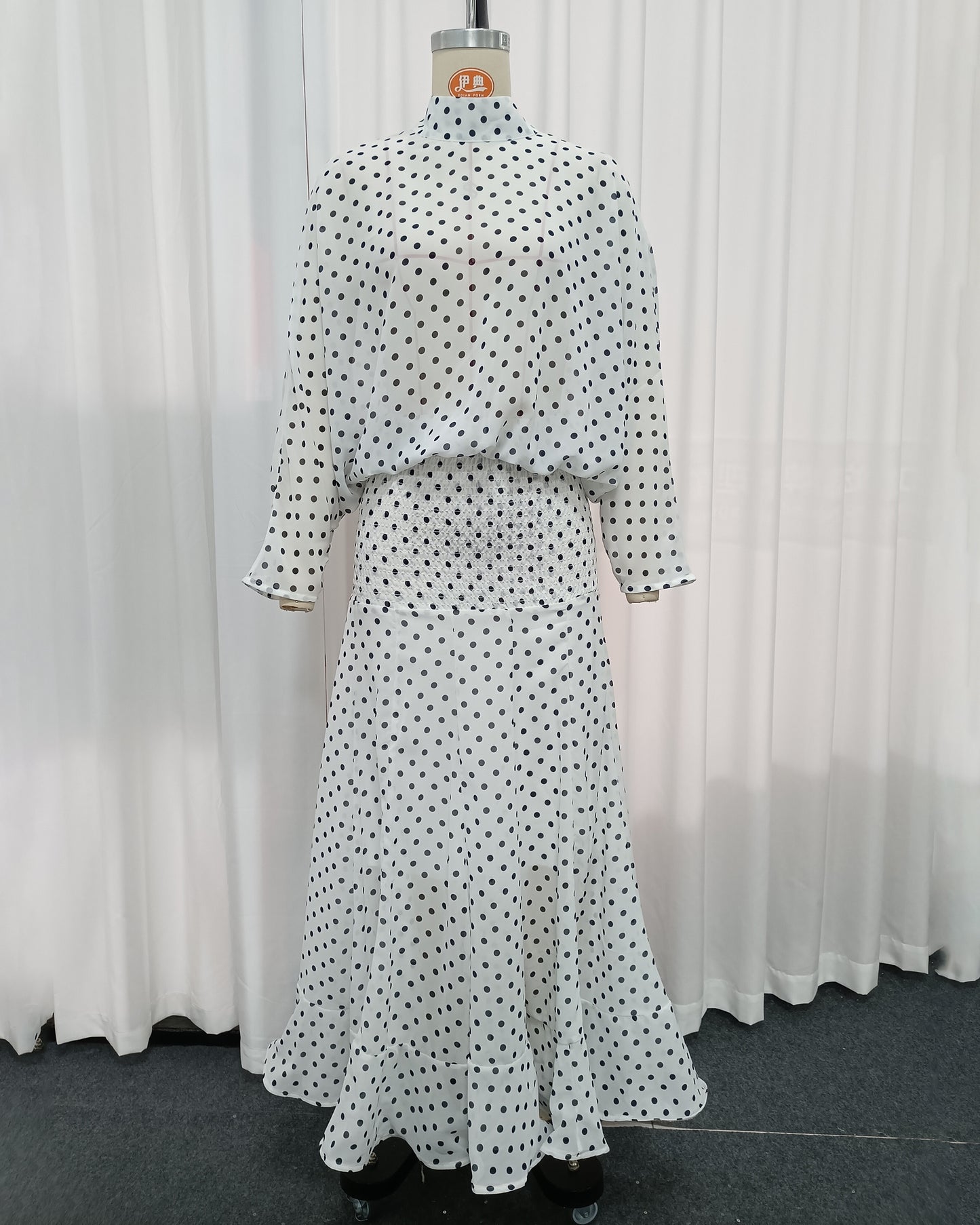 High-Neck Batwing Blouse & Midi Skirt Polka Dot Set