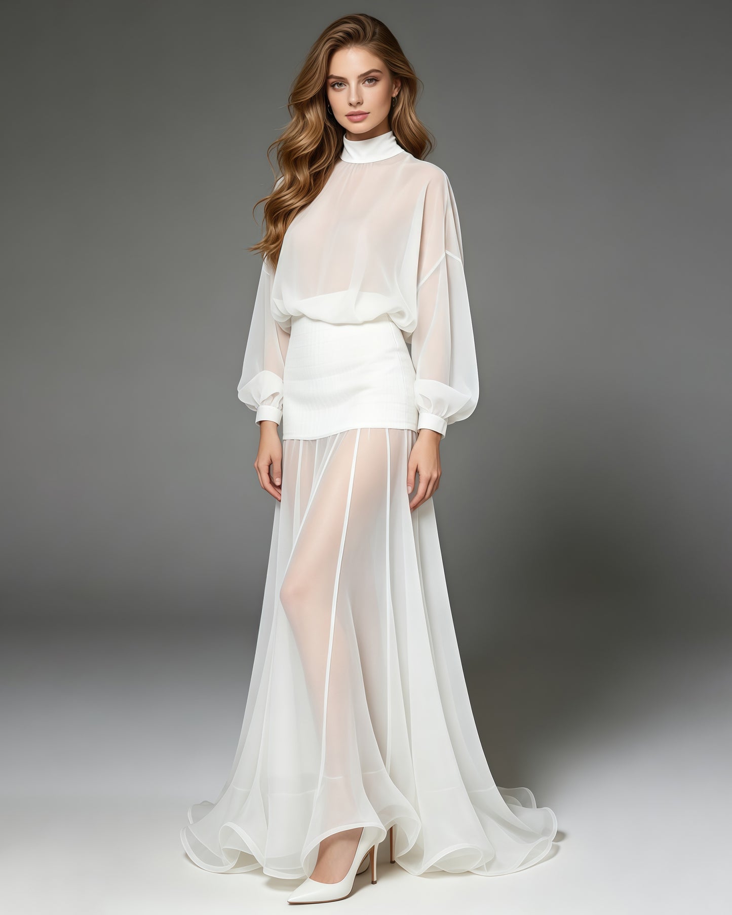High-Neck Batwing Blouse & Midi Skirt White Set