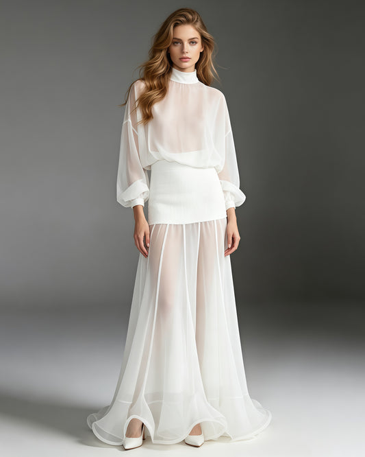 High-Neck Batwing Blouse & Midi Skirt White Set