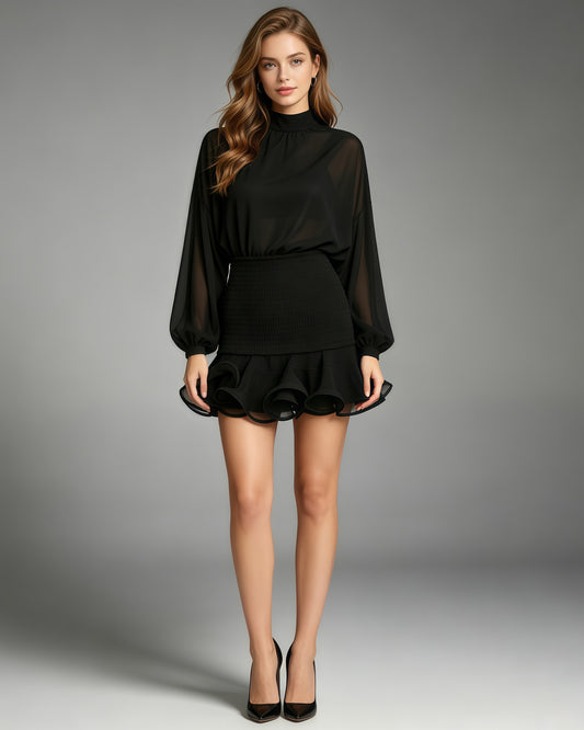 High-Neck Batwing Blouse & Ruffle Mini Skirt Black Set