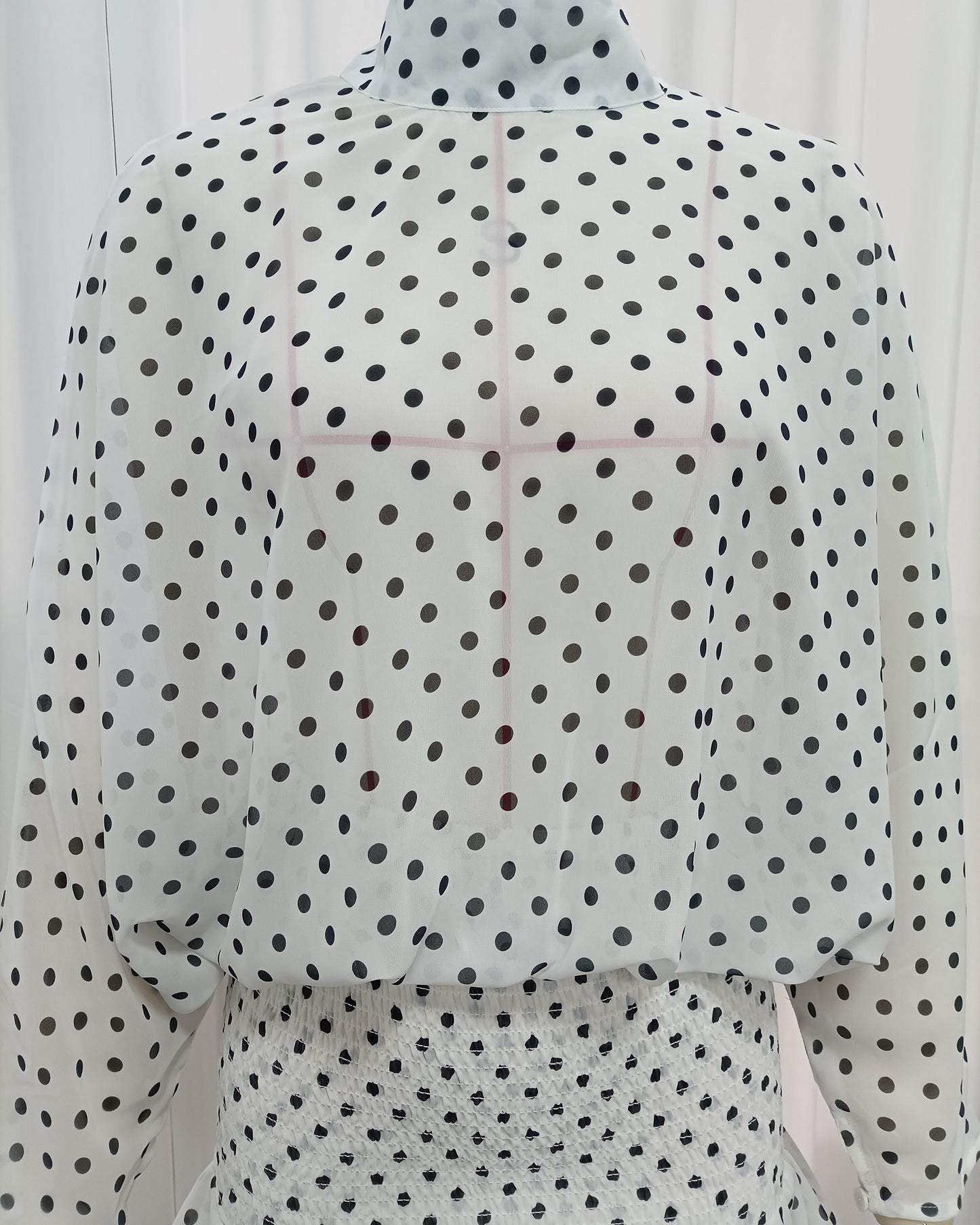 High-Neck Batwing Blouse & Ruffle Mini Skirt Polka Dot Set