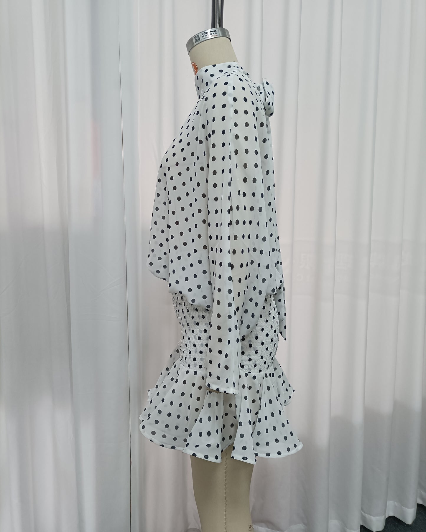 High-Neck Batwing Blouse & Ruffle Mini Skirt Polka Dot Set
