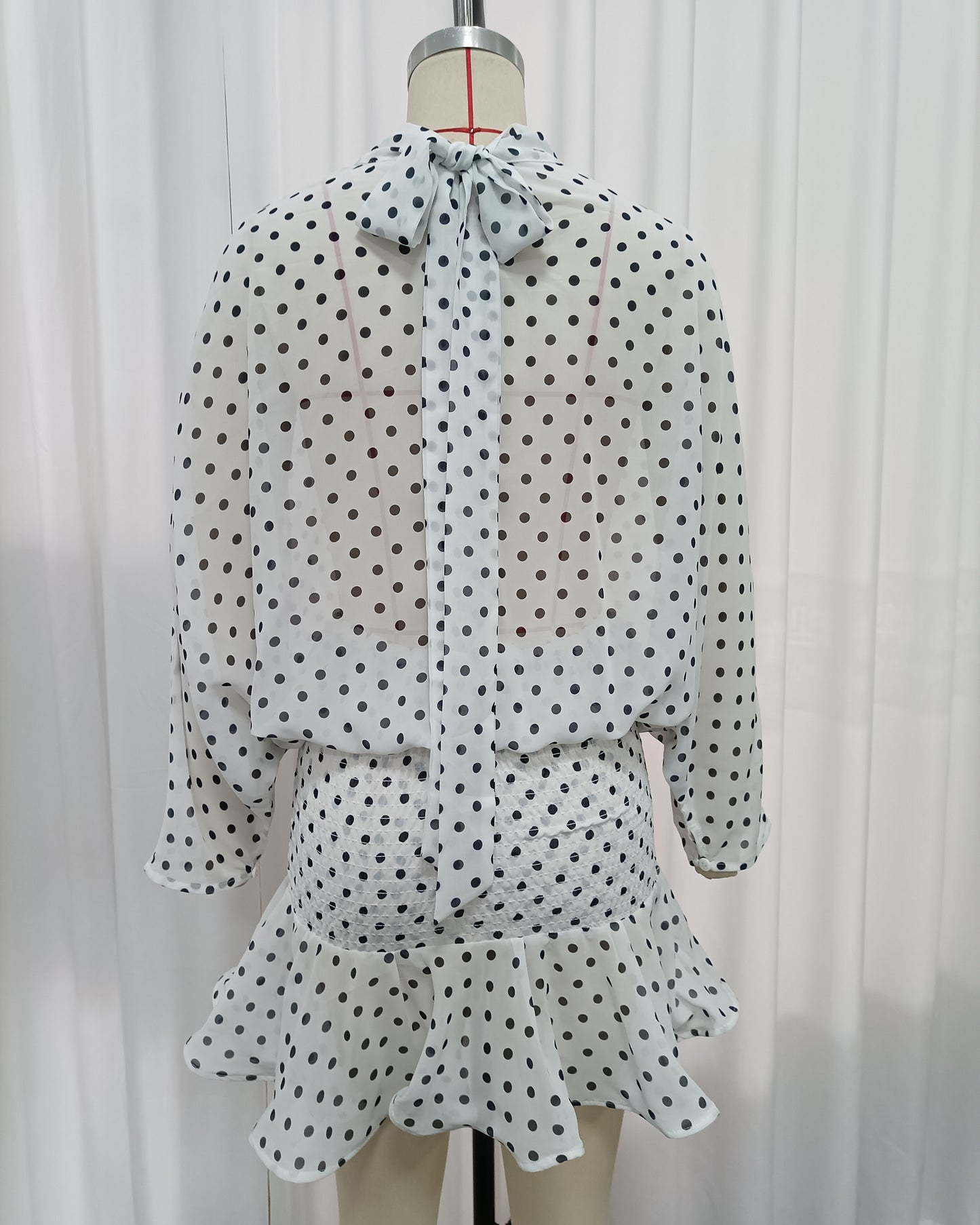 High-Neck Batwing Blouse & Ruffle Mini Skirt Polka Dot Set
