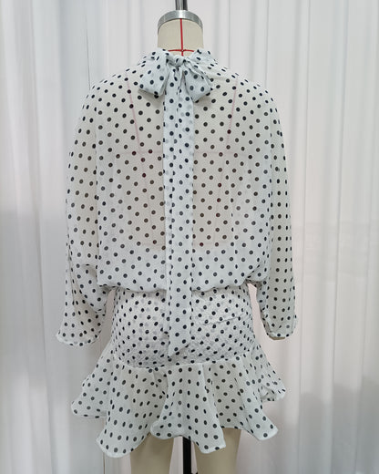 High-Neck Batwing Blouse & Ruffle Mini Skirt Polka Dot Set