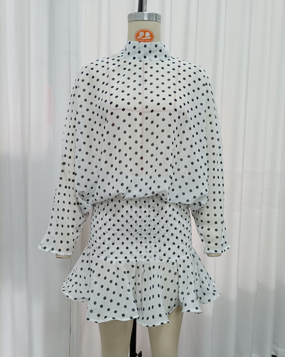 High-Neck Batwing Blouse & Ruffle Mini Skirt Polka Dot Set