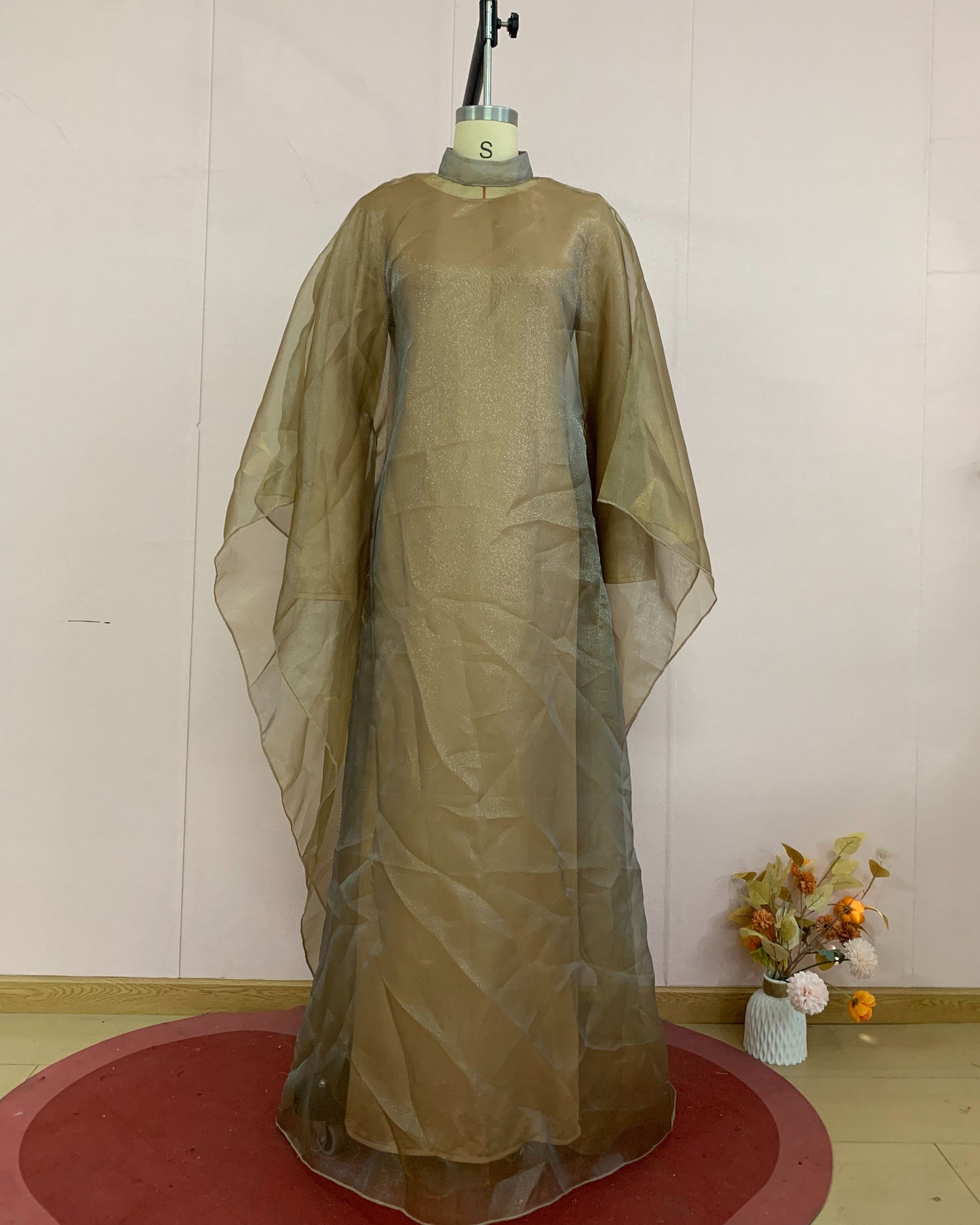 High Neck Organza Cape Sleeve Maxi Dress