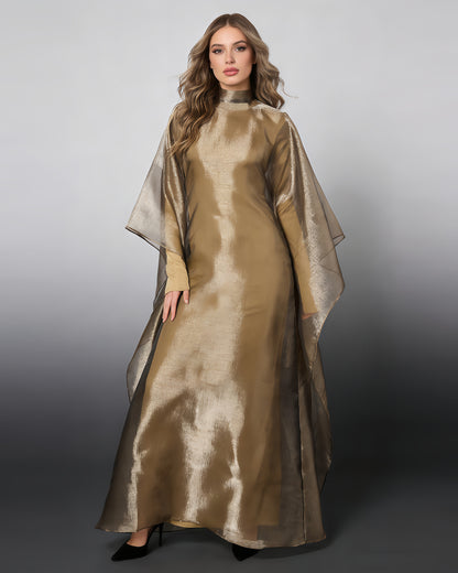 High Neck Organza Cape Sleeve Maxi Dress