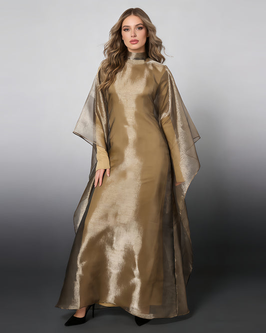 High Neck Organza Cape Sleeve Maxi Dress