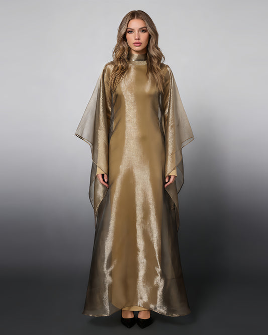 High Neck Organza Cape Sleeve Maxi Dress