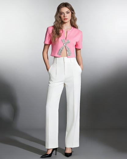 Hot Pink Rhinestone Bow Cropped Top
