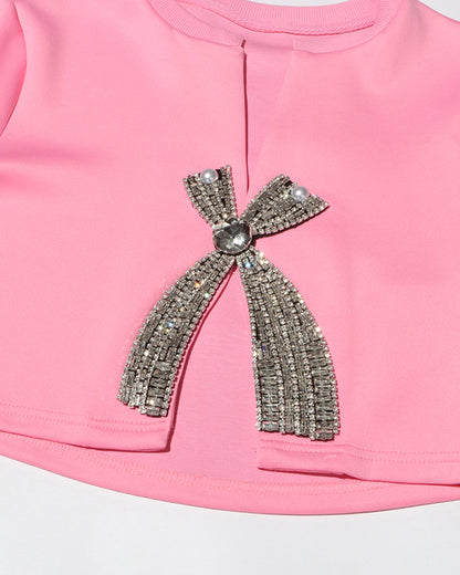 Hot Pink Rhinestone Bow Cropped Top