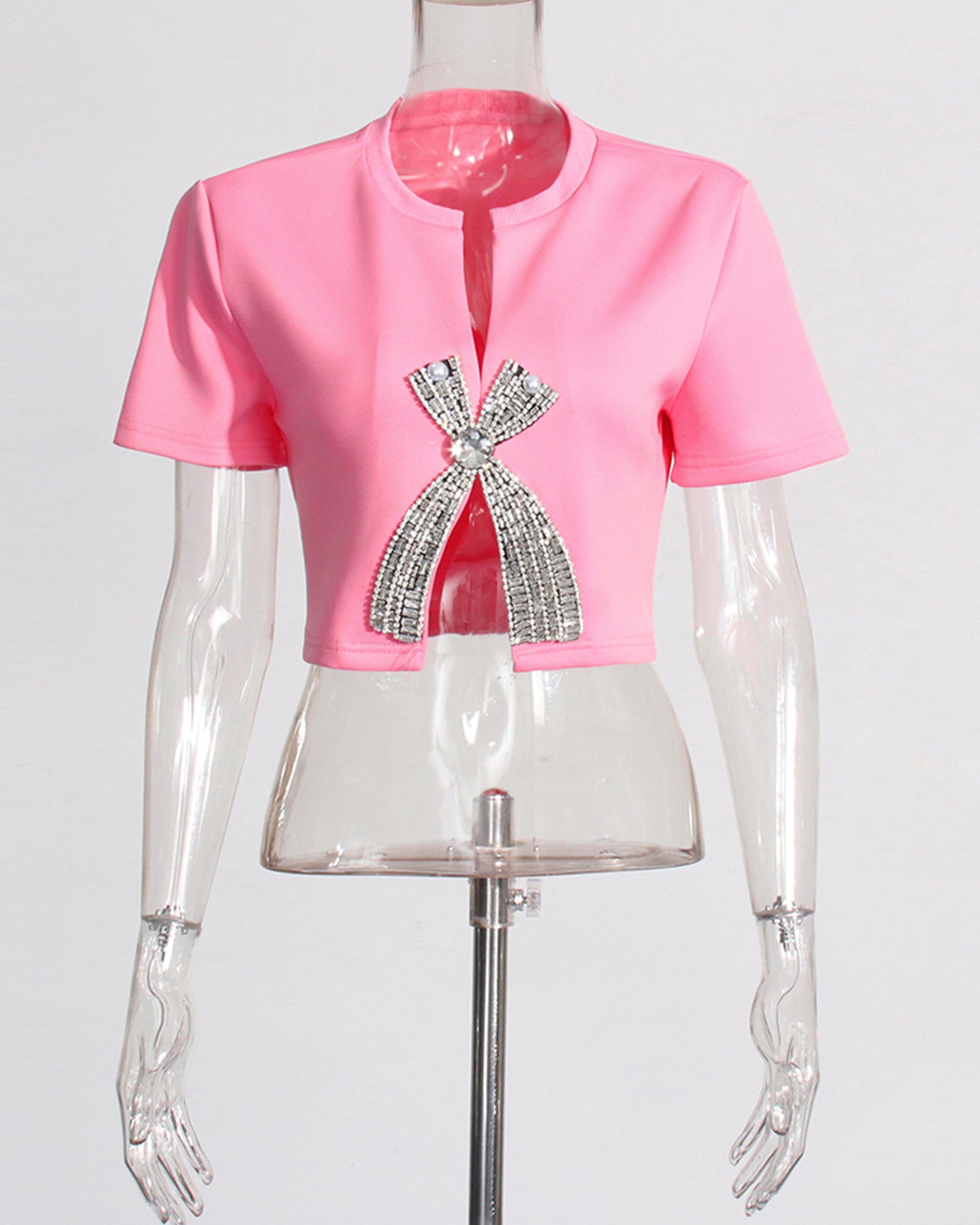 Hot Pink Rhinestone Bow Cropped Top